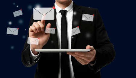 Incoming email. Man touching virtual envelope over tablet against dark blue background, closeup