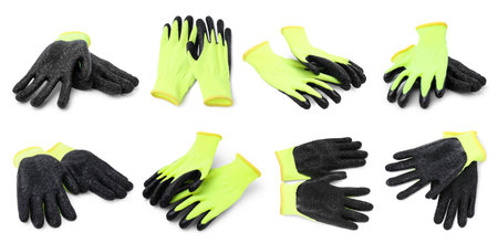 Green gardening gloves isolated on white, views from different angles