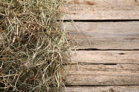 Dried hay on wooden table, above view. Space for textの写真素材