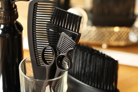 Set of hairdresser tools in salon, closeupの写真素材