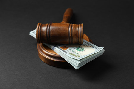 Law gavel with stack of dollars on black tableの写真素材