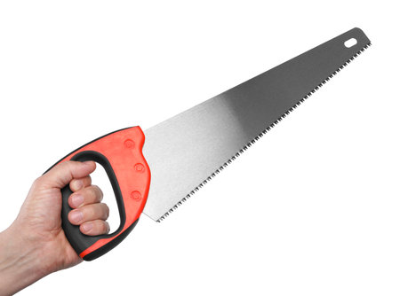 Man holding saw with colorful handle isolated on white, closeupの写真素材