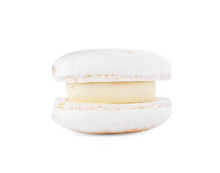 One delicious sweet macaron isolated on whiteの写真素材
