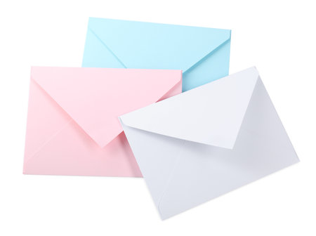 Three letter envelopes isolated on white, above viewの写真素材