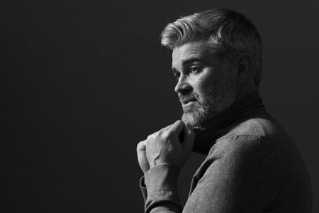 Portrait of handsome man on dark background, space for text. Black and white effect
