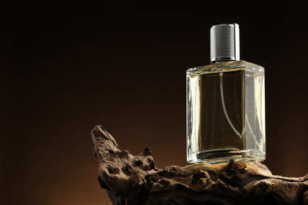 Luxury men`s perfume in bottle against brown background, space for textの写真素材