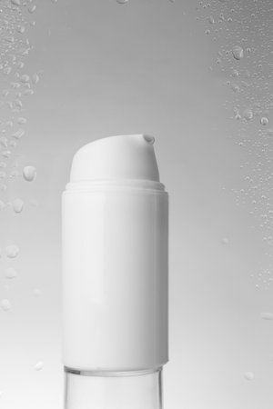 Bottle with moisturizing cream on gray background, view through wet glassの写真素材