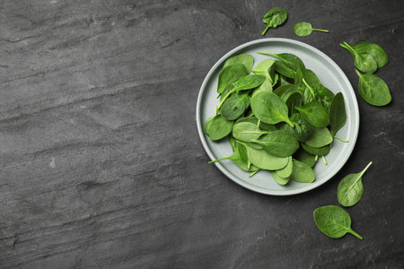 Fresh spinach leaves on dark textured table, flat lay. Space for text