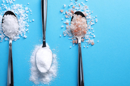 Natural salt in spoons on light blue background, flat layの写真素材