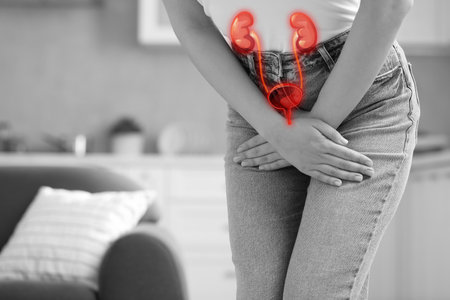 Woman suffering from cystitis at home, closeup. Illustration of the urinary system