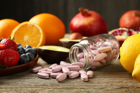 Vitamin pills in bottle and fresh fruits on wooden tableの写真素材
