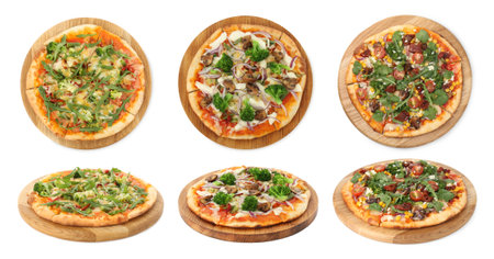 Delicious vegetarian pizzas isolated on white, top and side viewsの写真素材