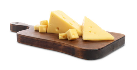 Cut fresh delicious cheese isolated on whiteの写真素材