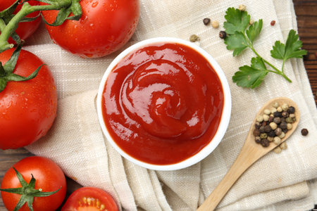 Delicious ketchup in bowl, tomatoes, parsley and peppercorns on table, top viewの写真素材