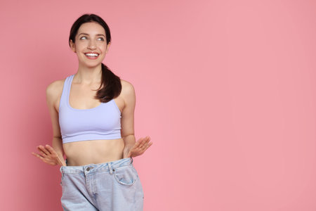 Happy young woman in big jeans showing her slim body on pink background, space for textの写真素材