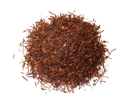 Heap of rooibos tea isolated on white, top viewの写真素材