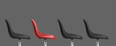 Vacant position. Red office chair among black ones on gray background, banner designの写真素材