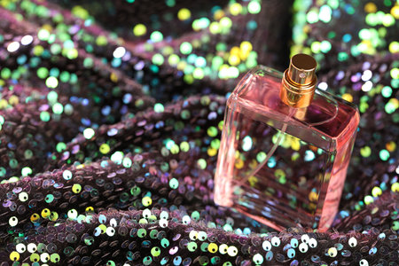 Luxury perfume in bottle on fabric with colorful sequins, closeupの写真素材