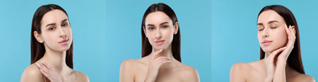 Beautiful woman with perfect skin on light blue background, collage of photos. Banner designの写真素材