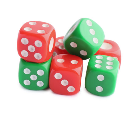 Many green and red game dices isolated on whiteの写真素材
