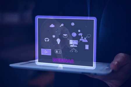 Webinar. Man holding tablet, closeup. Virtual screen with icons over device