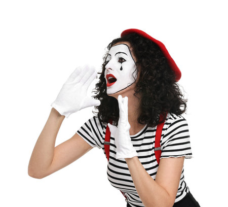 Funny mine with beret posing on white backgroundの写真素材