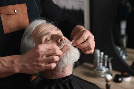 Professional barber working with client's mustache in barbershop, space for textの写真素材