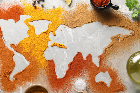 Continents of different spices and products on light gray marble table, flat layの写真素材
