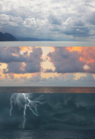 Weather forecast, banner design. Collage with different photosの写真素材