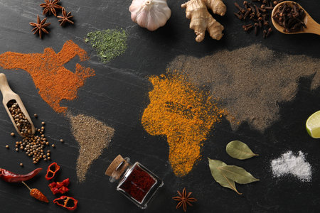 World map of different spices and products on dark textured table, flat layの写真素材