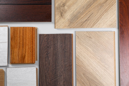 Different samples of wooden flooring on white background, flat layの写真素材