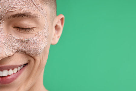Handsome man with facial mask on his face against green background, closeup. Space for textの写真素材