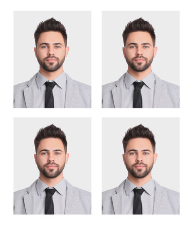 Passport photo, collage. Man on white background, set of photosの写真素材
