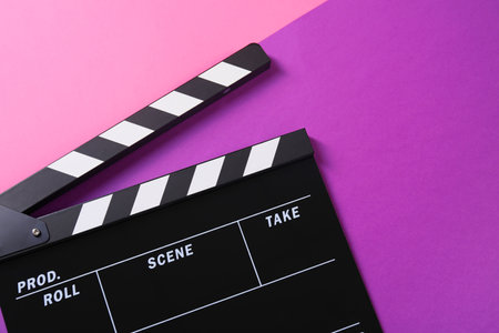 Clapperboard on color background, top view. Film industryの写真素材