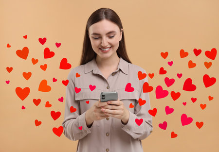 Long distance love. Woman chatting with sweetheart via smartphone on dark beige background. Hearts flying out of device and swirling around herの写真素材