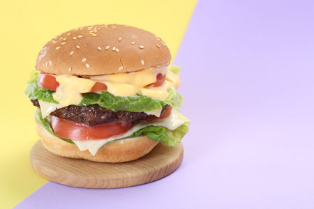 Burger with delicious patty on color background. Space for textの写真素材