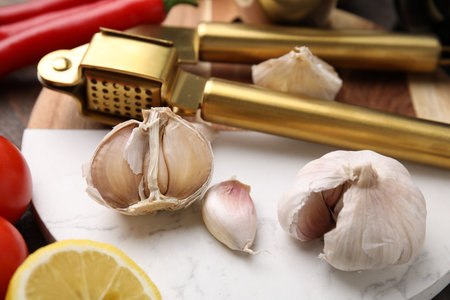Different fresh ingredients for marinade and garlic press on table, closeupの写真素材