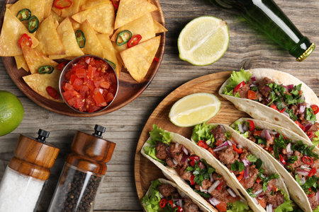 Flat lay composition with delicious tacos on wooden tableの写真素材