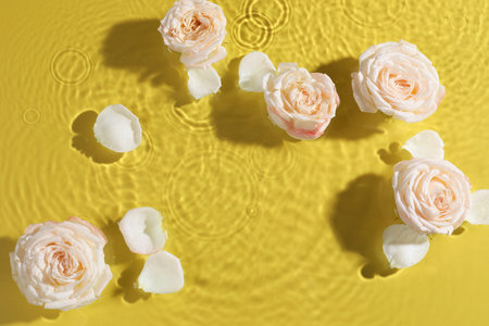 Beautiful roses and petals in water on pale yellow background, top viewの写真素材