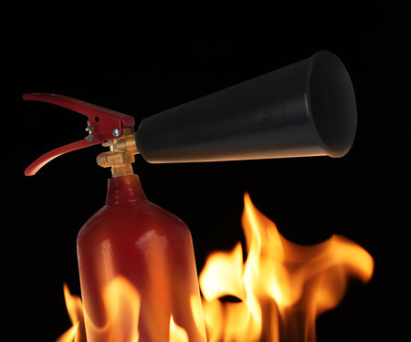 Fire extinguisher in bright flame on black backgroundの写真素材