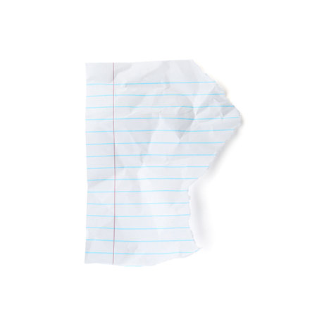 Piece of crumpled lined notebook sheet isolated on white, top viewの写真素材