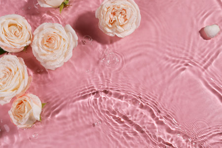 Beautiful roses in water on pink background, top view. Space for textの写真素材
