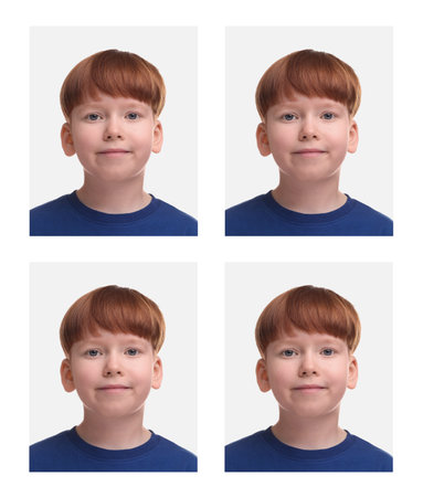 Passport photo, collage. Boy on white background, set of photos