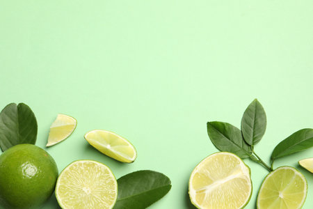Whole and cut fresh ripe limes with leaves on light green background, flat lay