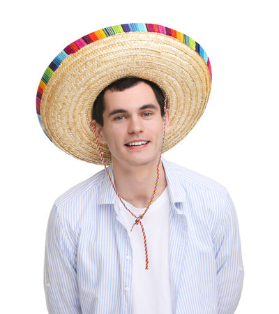 Young man in Mexican sombrero hat on white backgroundの写真素材