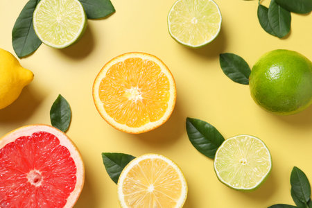 Different cut and whole citrus fruits on yellow table, flat layの写真素材