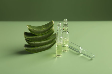 Skincare ampoules with extract of aloe vera and cut green leaves on color backgroundの写真素材