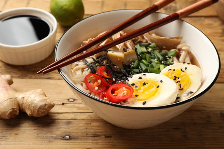 Bowl of delicious ramen and chopsticks on wooden table, closeup. Noodle soupの写真素材