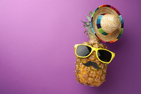Pineapple with Mexican sombrero hat, fake mustache and sunglasses on purple background, flat lay. Space for textの写真素材