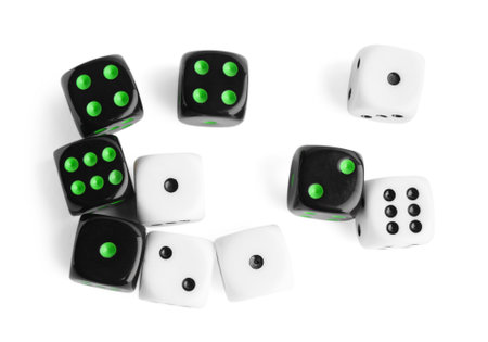 Many color game dices isolated on white, top viewの写真素材